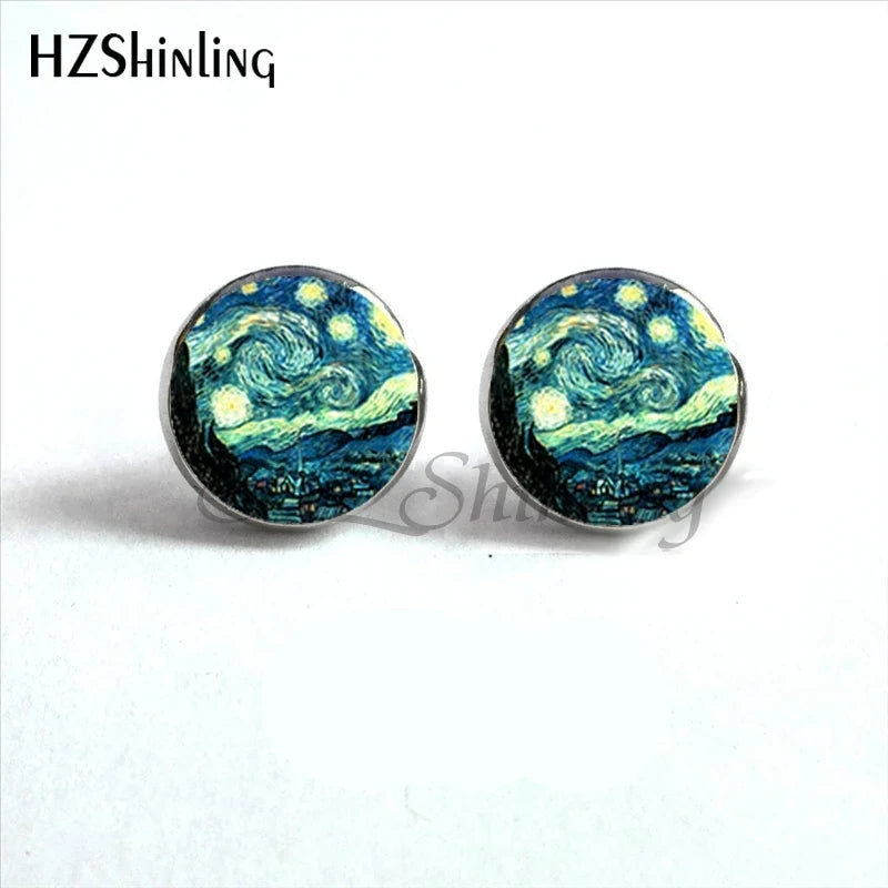 Van Gogh Art Stud Earrings | Handcrafted Glass Dome Earrings with Iconic Painting Details