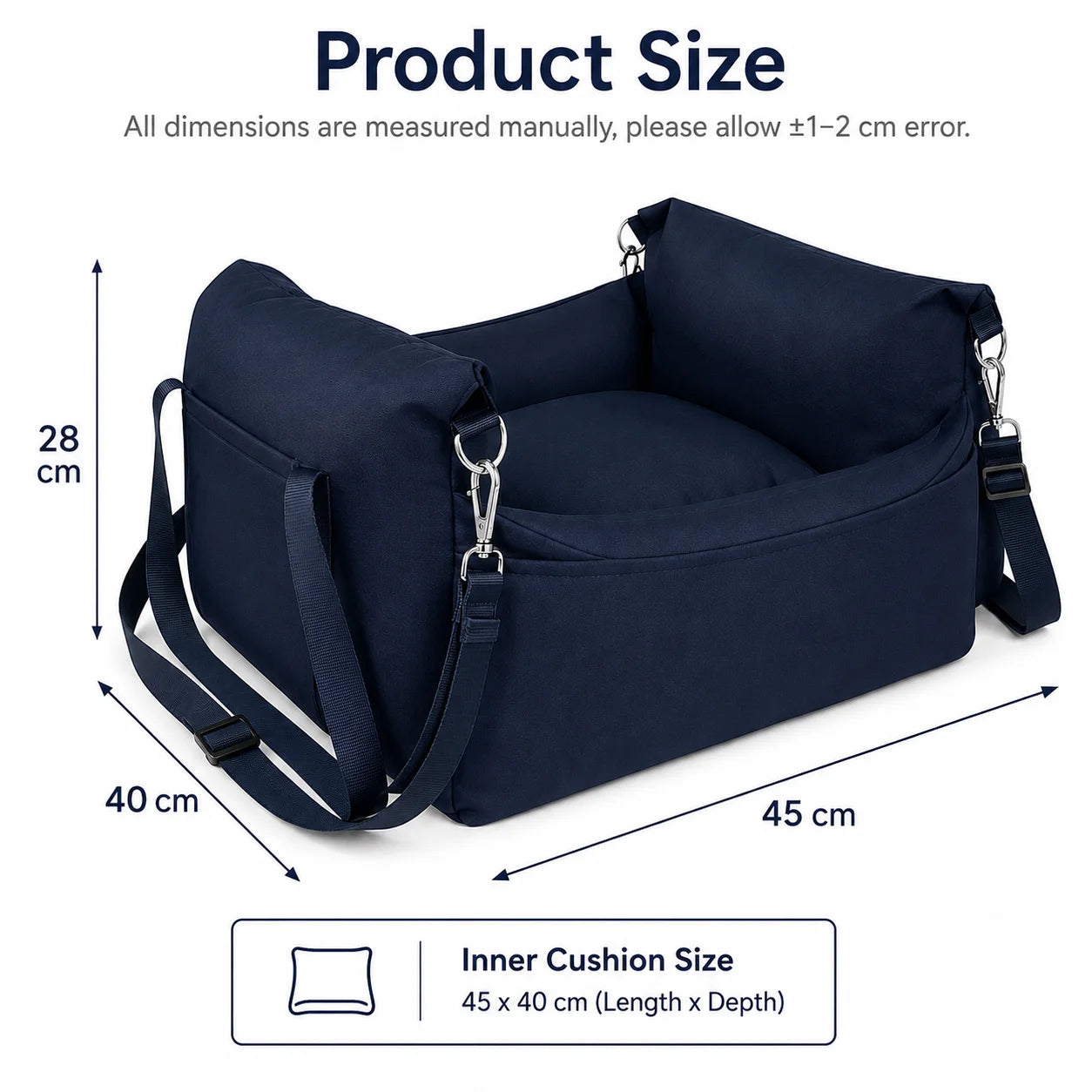 Pet Car Booster Seat for Small Dogs | Dark Blue Polyester Fabric | Removable Cushion & Safety Straps | Cozy Travel Bed