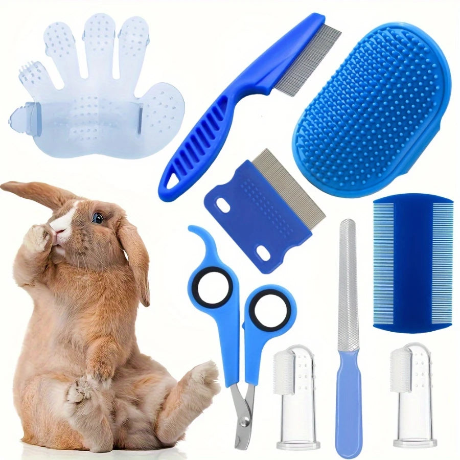 Rabbit Grooming Kit Tear Stain Remover Cleaning Combs Pet Nail Clipper Double-Sided Shampoo Bath Brush for Guinea Pig Bunny