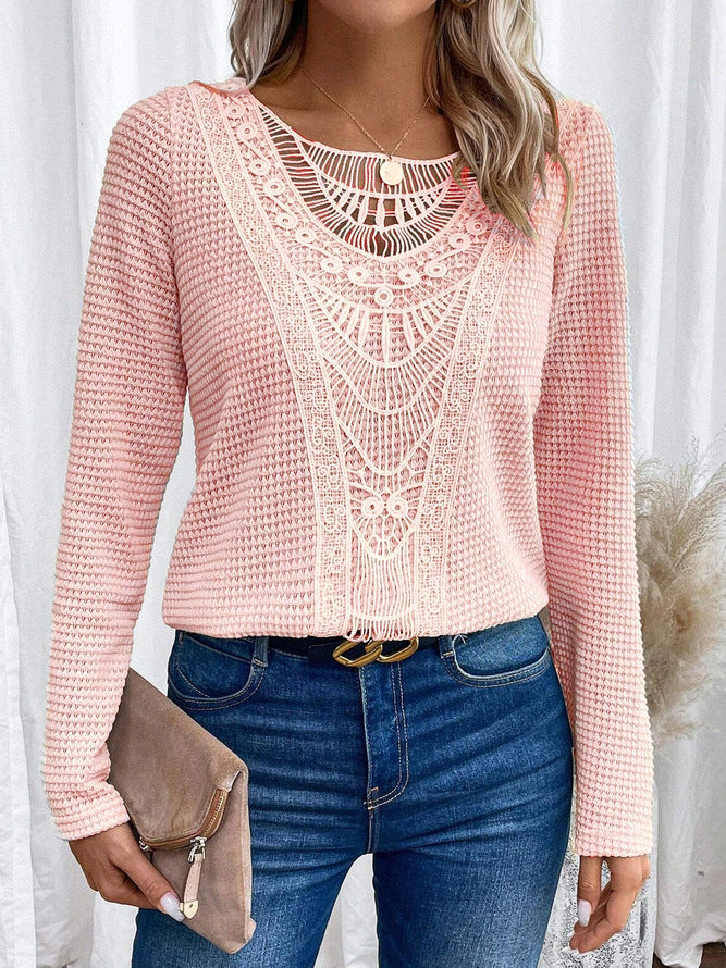Lace Patchwork Round Neck Women's Long-sleeved T-shirt