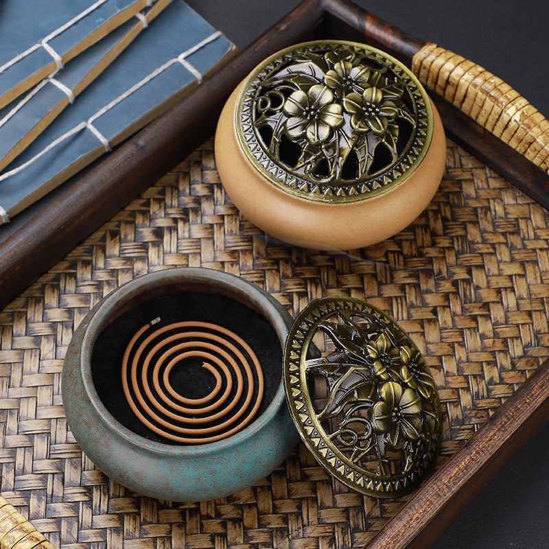 Copper Lid Ceramic Incense Burner, Antique Alloy