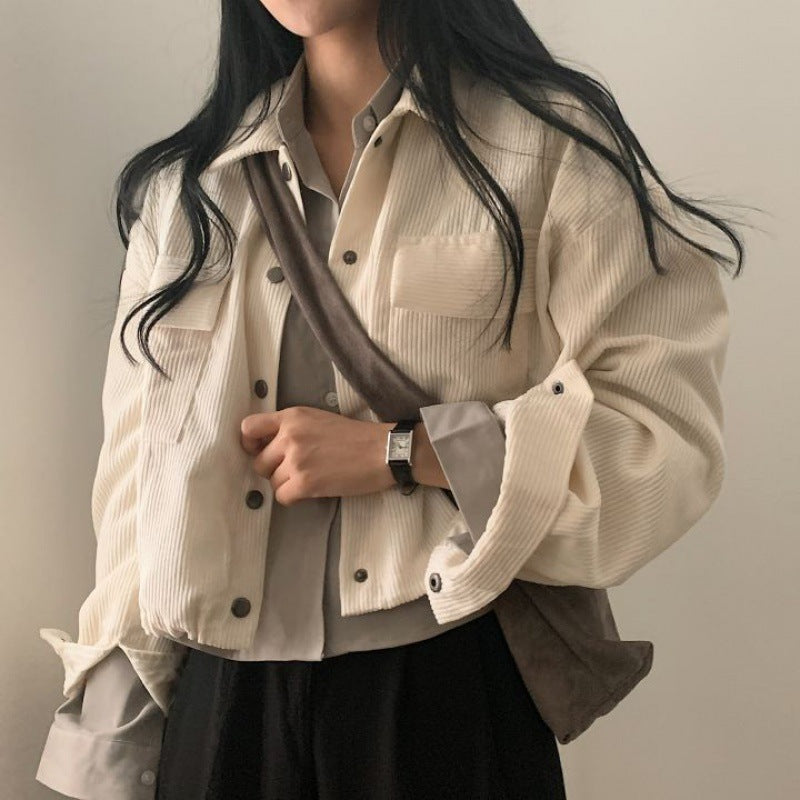 Loose All-match Single-breasted Lapel Short Corduroy Shirt