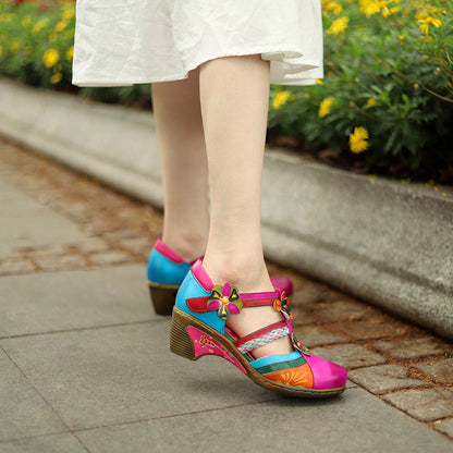 Retro Bright Flower Contrast Color Velcro Wedge