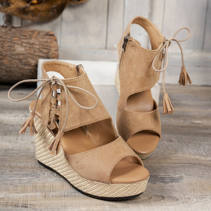 Women's Tassel High Heel Peep Toe Platform Muffin Wedge Sandals