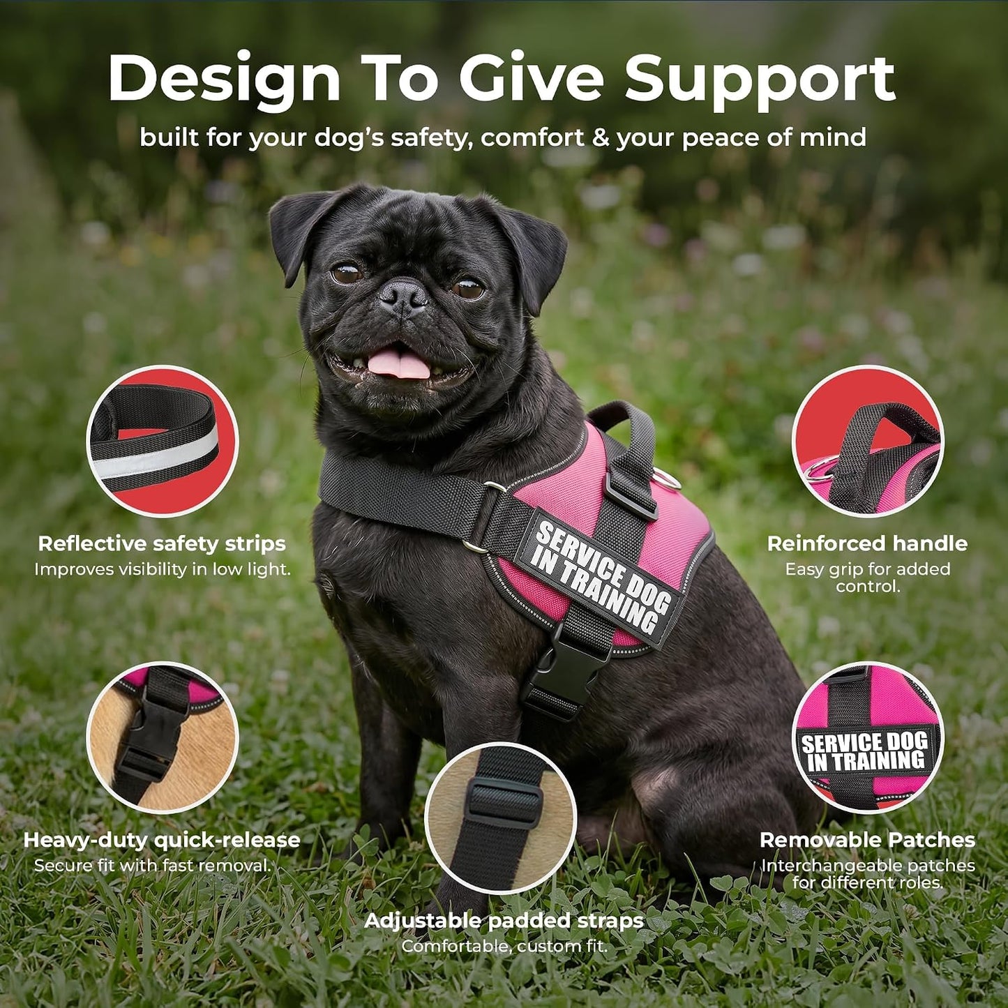 Service Dog in Training Vest Harness Small 19.5-25 in Pink | Durable & Adjustable Vest for Dog with Reflective Straps, Removable Patches, Handle & D-Ring, Travel and Daily Use