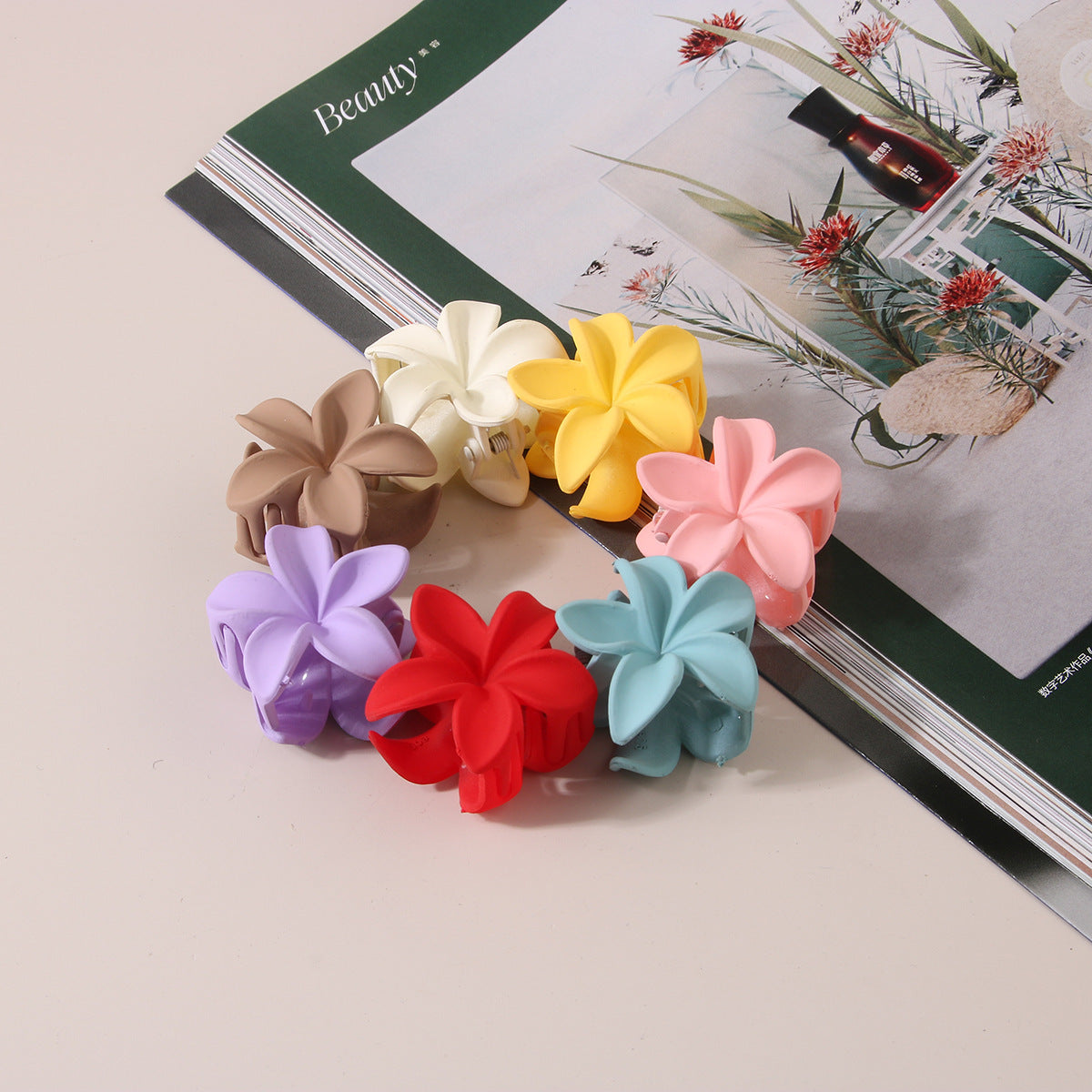 Feather & Red Plastic Flowers Barrettes