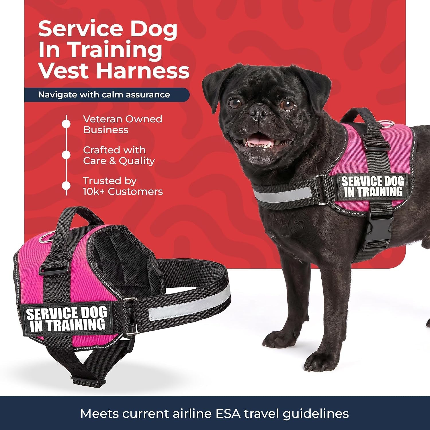 Service Dog in Training Vest Harness Small 19.5-25 in Pink | Durable & Adjustable Vest for Dog with Reflective Straps, Removable Patches, Handle & D-Ring, Travel and Daily Use