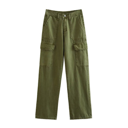 Women's Straight Solid Color Pocket Loose Casual Pants