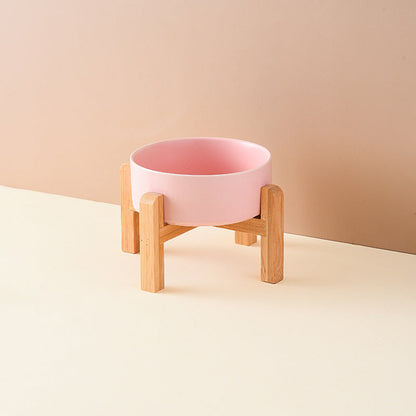 Pet Anti Rollover Ceramic With High Bamboo And Wood Frame Bowl