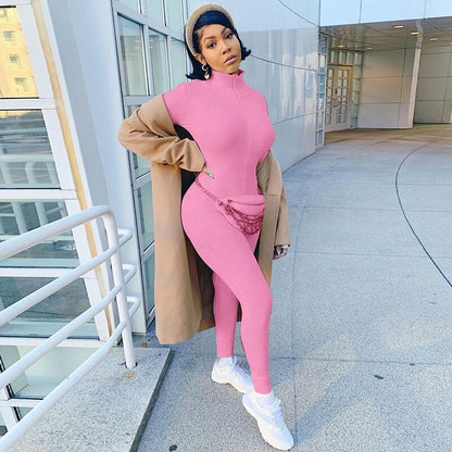Women's Zipper Stretch Turtleneck Slim Fit Fitness Jumpsuit