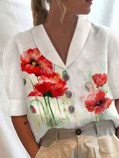 Women's Stand Collar Printed Cotton-Linen Shirt