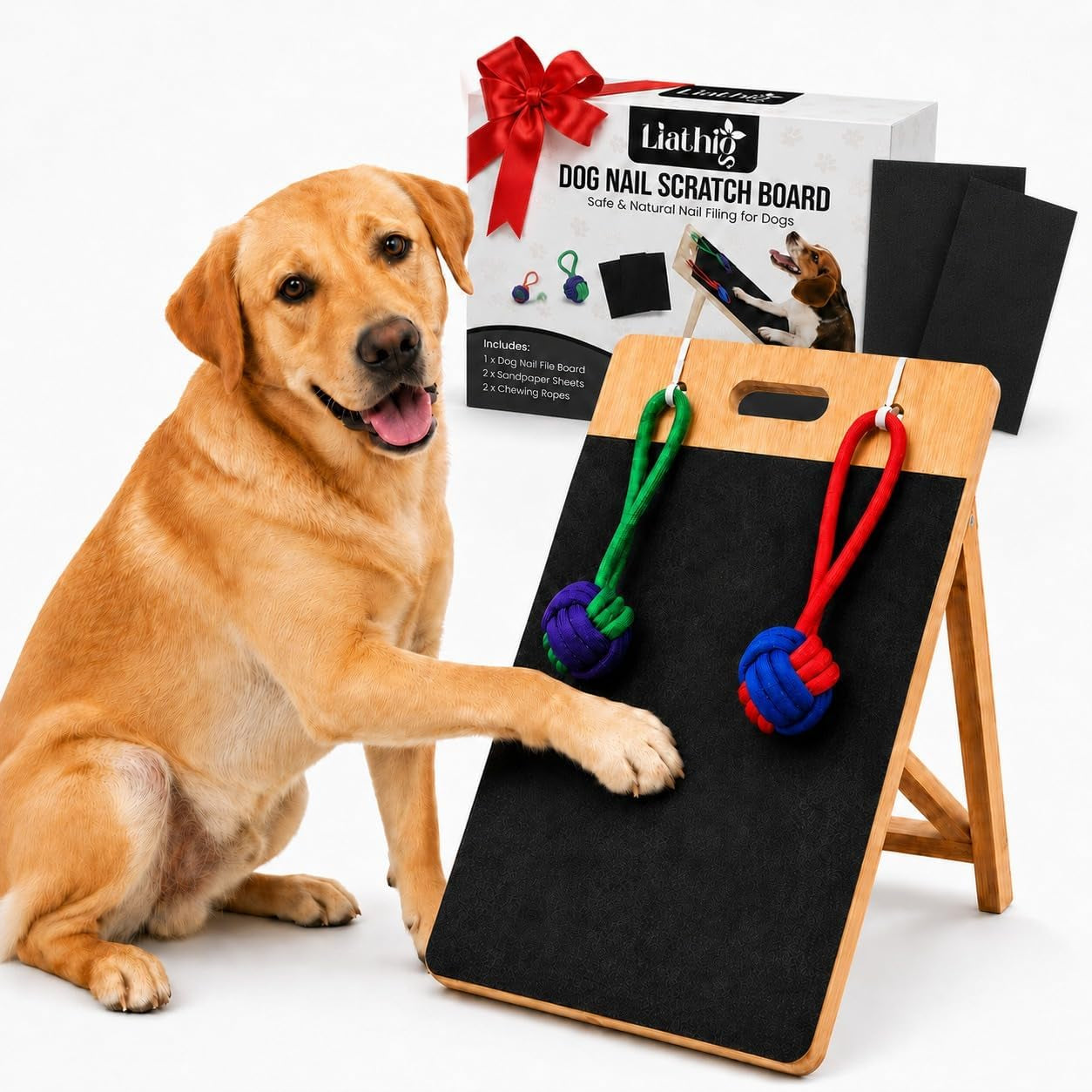 Dog Scratch Board for Nails – Bamboo Dog Nail File Board with Replaceable Sandpaper, Rope Toys, Stress-Free Natural Dog Nail Care Alternative for Anxious, Rescue & Clipper-Shy Dogs