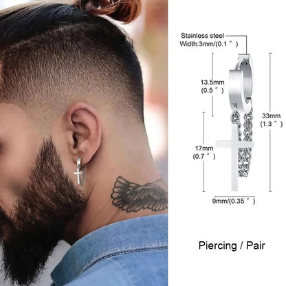 Stainless Steel Cross Double Chain Huggie Hoop Earrings | Trendy Unisex Jewelry