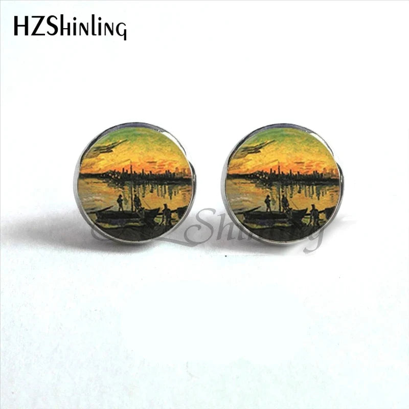 Van Gogh Art Stud Earrings | Handcrafted Glass Dome Earrings with Iconic Painting Details