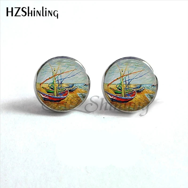 Van Gogh Art Stud Earrings | Handcrafted Glass Dome Earrings with Iconic Painting Details