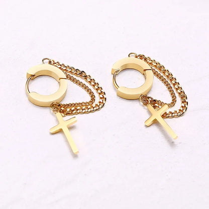 Stainless Steel Cross Double Chain Huggie Hoop Earrings | Trendy Unisex Jewelry