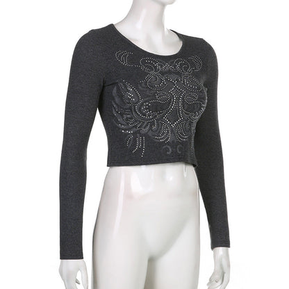 Women's Rhinestone Long-sleeved T-shirt Crop-top Short Top