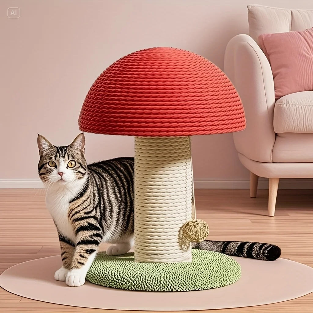 Red Mushroom-Shaped Cat Scratching Post with Sisal Scratching Pad, Mini Pet Villa & Green Pom-Pom Base