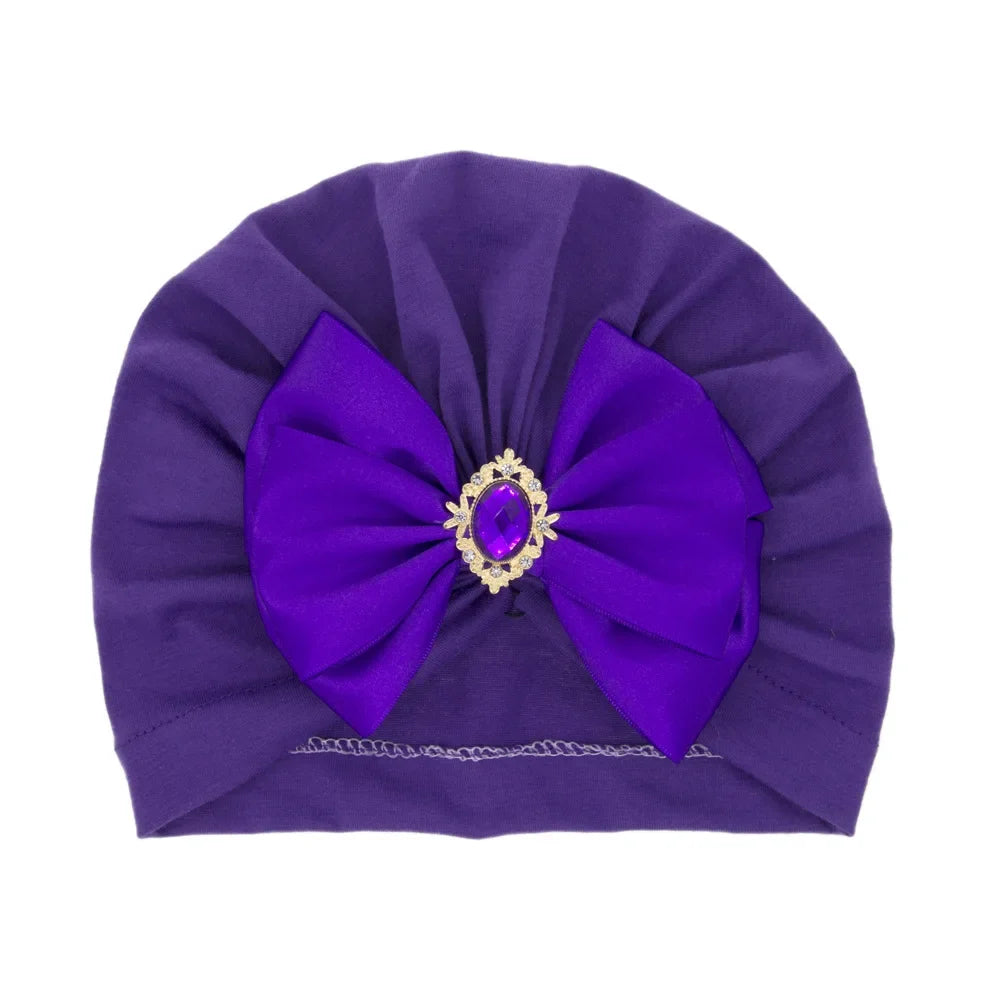 Solid Color Baby Turban Bow Beanie with Rhinestone | Handmade Infant Cap for Girls 0-2 Years