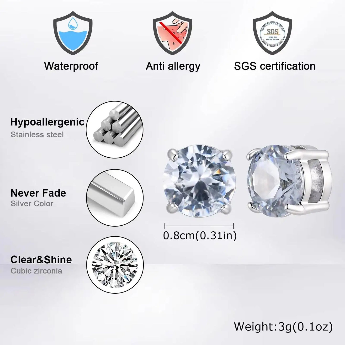 Vnox Magnetic Clip Earrings Non Piercing | Hip Hop Zircon Studs for Men Women Silver Party Gifts