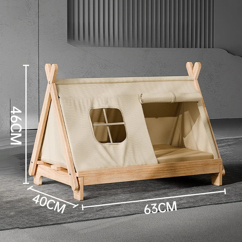 Cat Bed with Window Wooden Cat Tent Bed Elevated Pet House Dogs Bed with Stable Frame Pet Supplies Safe Comfortable Cat Bed