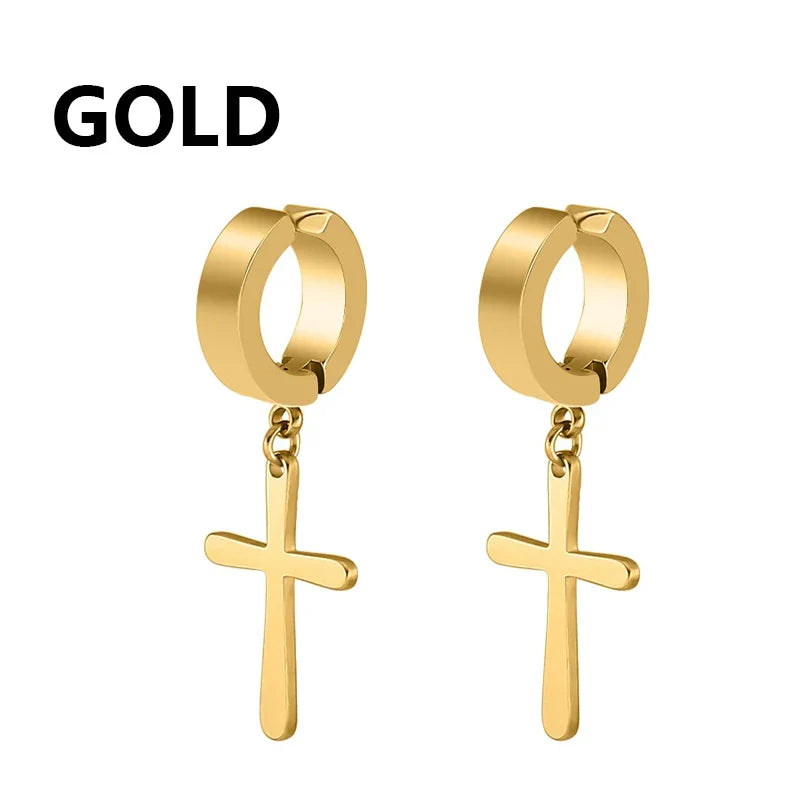 Punk Cross Stars Clip On Earrings | No Piercing Stainless Steel Ear Cuffs for Women Men