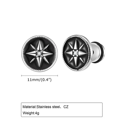 Black Compass Stud Earring for Men | Nautical Star with White Zircon