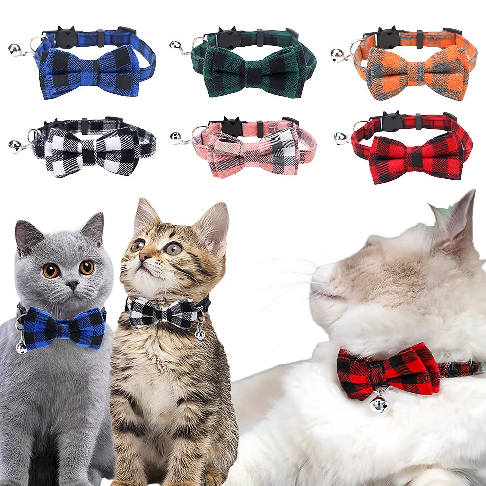Pet Cat Adjustable Collar, British Plaid Bow Tie Collar, Pet Bell Collar with Buckle, Cat Dog Collar, 1PC