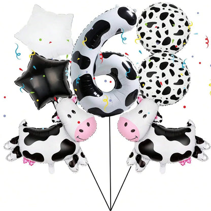 7pcs Cow Print Number Balloon Set | Farm Animal Birthday Party Decoration