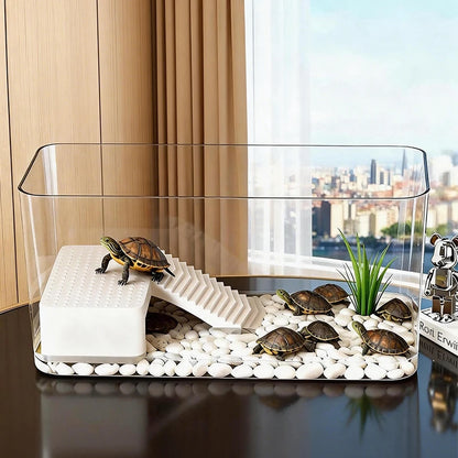 Transparent Reptile Terrarium Tank with Basking Area for Pet Turtles Hermit Crabs Tortoises - Turtle Adoption Habitat