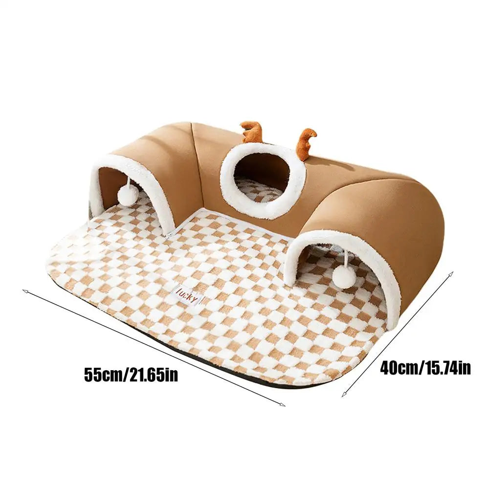 Cat Bed and Play Tunnel Warm House Tent with Plush Mat Indoor Hideaway Corner Shelter Foldable Pet Furniture for Kittens Cats