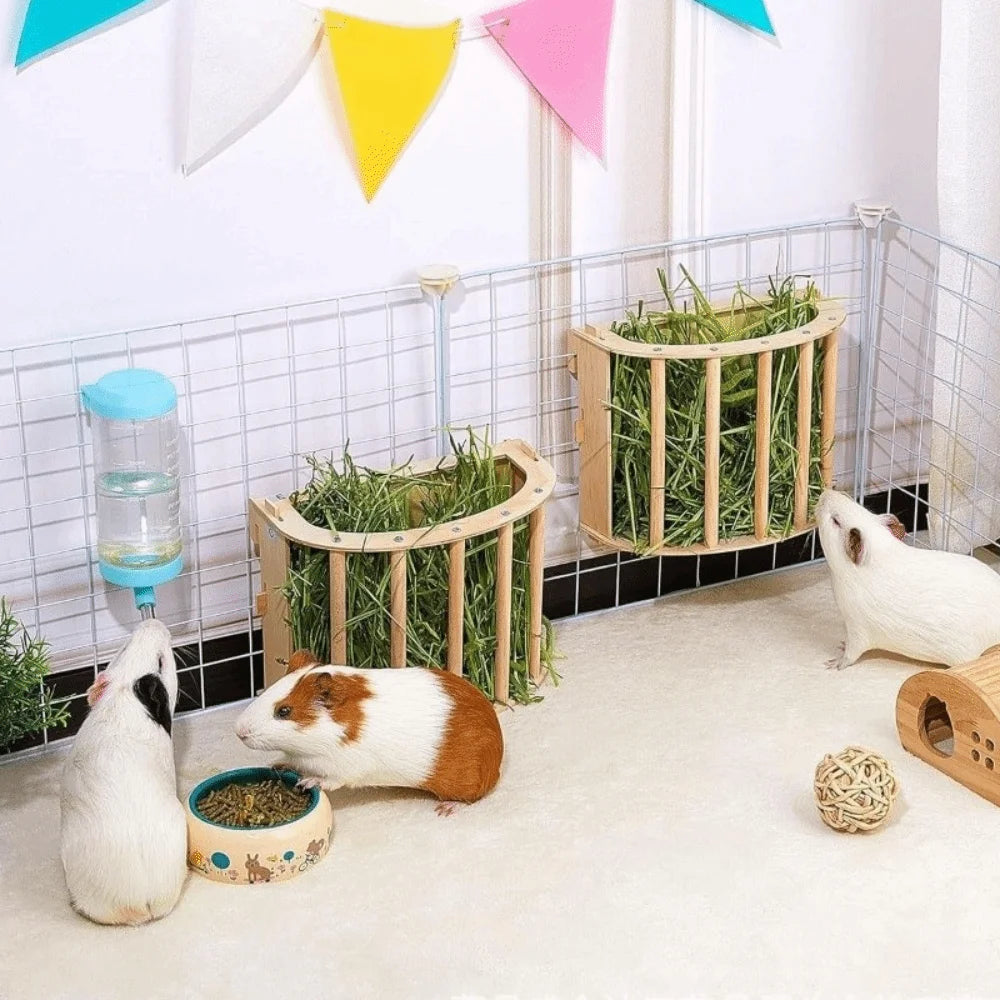 Practical Wooden Bunny Hay Feeder Hanging Fixed Built-in Hay Feeder Rack Detachable Grass Dispenser Guinea Pig Feeder Hamster