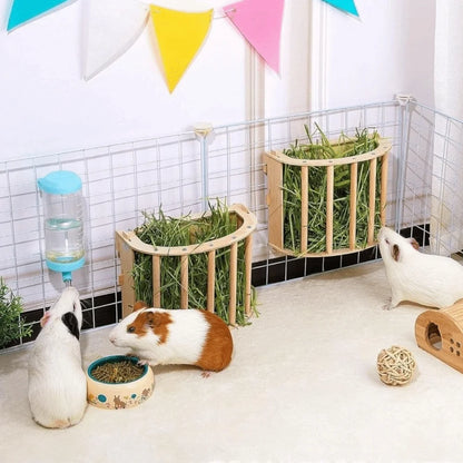 Practical Wooden Bunny Hay Feeder Hanging Fixed Built-in Hay Feeder Rack Detachable Grass Dispenser Guinea Pig Feeder Hamster