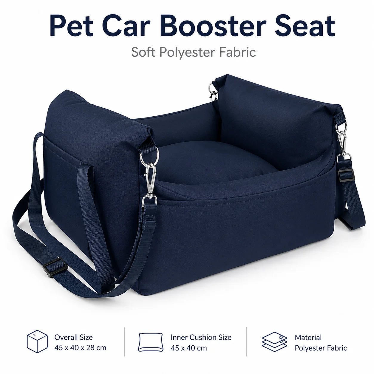 Pet Car Booster Seat for Small Dogs | Dark Blue Polyester Fabric | Removable Cushion & Safety Straps | Cozy Travel Bed