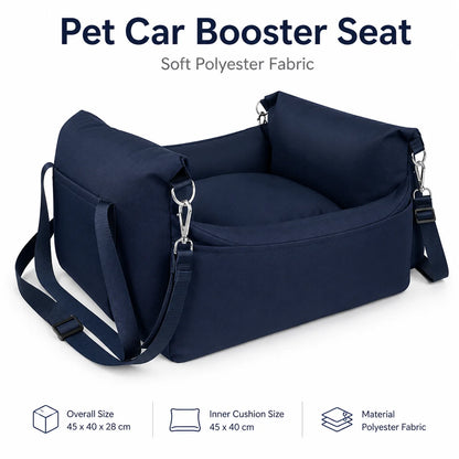 Pet Car Booster Seat for Small Dogs | Dark Blue Polyester Fabric | Removable Cushion & Safety Straps | Cozy Travel Bed