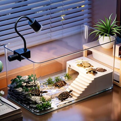 Transparent Reptile Terrarium Tank with Basking Area for Pet Turtles Hermit Crabs Tortoises - Turtle Adoption Habitat