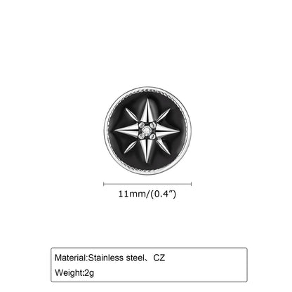 Black Compass Stud Earring for Men | Nautical Star with White Zircon
