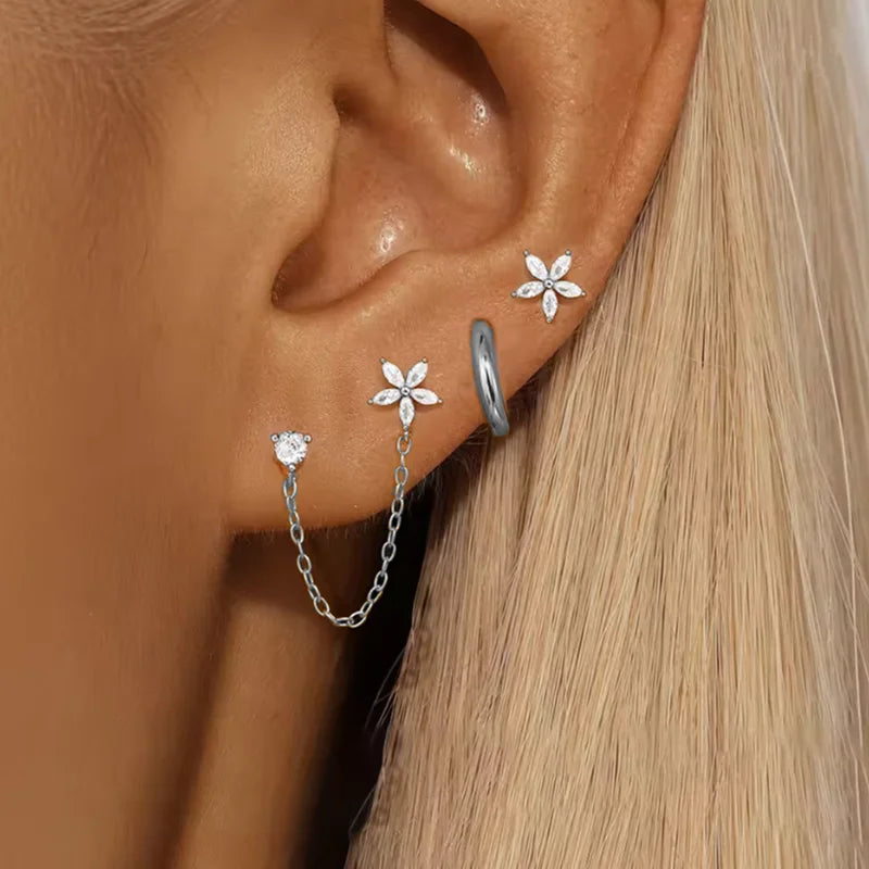 3PCS Stainless Steel Zircon Flower Star Ear Stud Earrings Set | 14K Gold Plated Chain Cartilage Piercing Earrings for Women