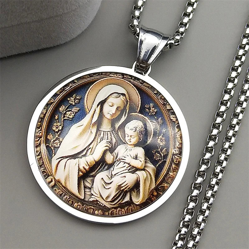 Virgin Mary Hold Baby Jesus Glass Round Medal Pendant Necklace | Gold Stainless Steel Catholic Amulet