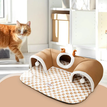 Cat Bed and Play Tunnel Warm House Tent with Plush Mat Indoor Hideaway Corner Shelter Foldable Pet Furniture for Kittens Cats