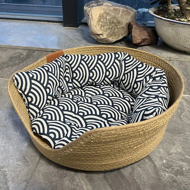 Soft Cat Kennel Puppy Beds Bamboo Weaving Waterproof Removable Cushion Sleeping Mat Four Season Cozy Nest Baskets Pet Product