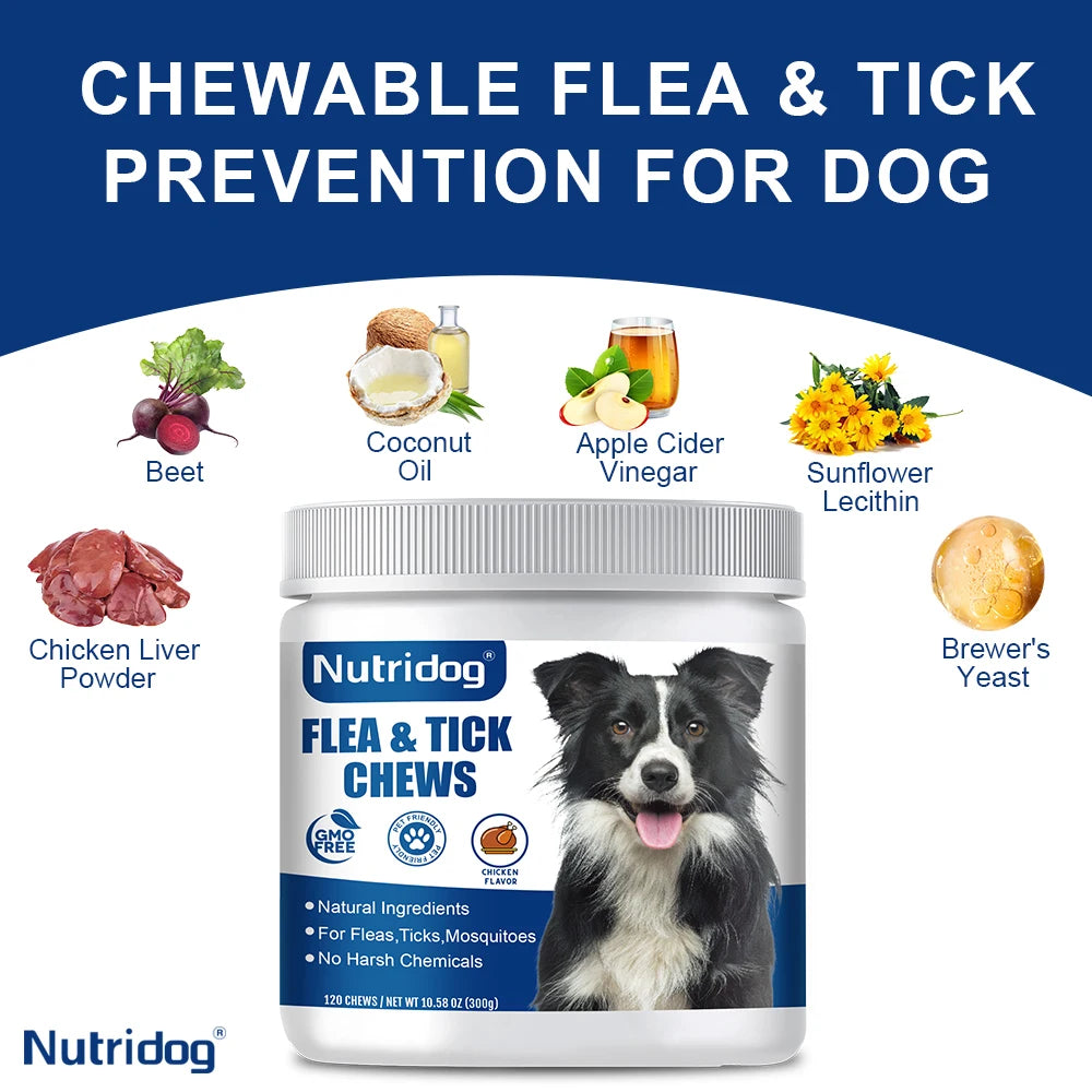 Flea & Tick Chews For Dog with Garlic Flaxseed | Skin Health Support & Bites Prevention - Chicken flavor 120 Soft Chews