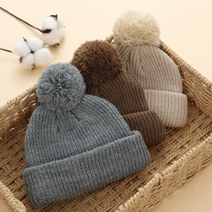 Solid Pom Knitted Baby Beanie | Newborn Infant Winter Hat