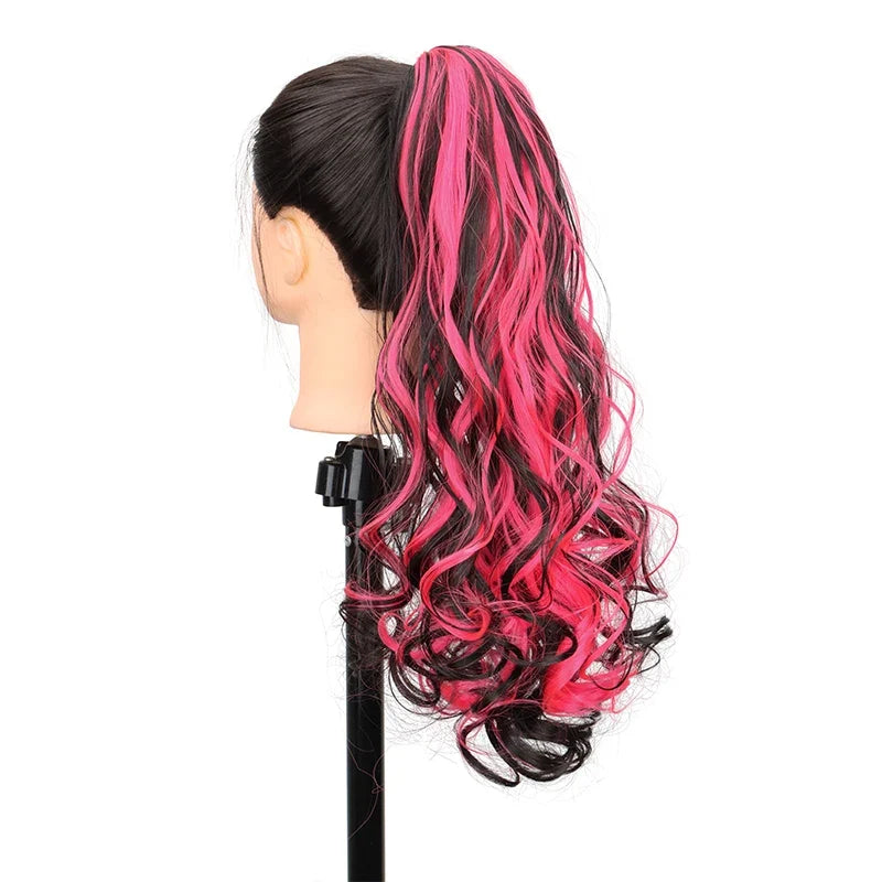 20 Inch Long Curly Ponytail Hair Extension | Mixed Red Purple Clip-In Hairpiece