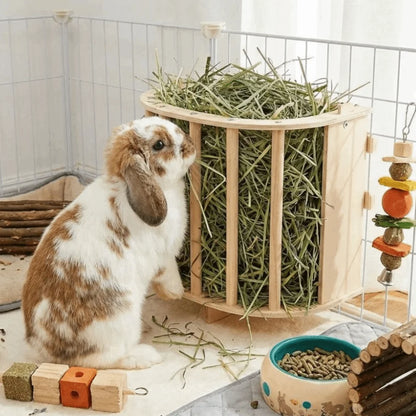 Practical Wooden Bunny Hay Feeder Hanging Fixed Built-in Hay Feeder Rack Detachable Grass Dispenser Guinea Pig Feeder Hamster