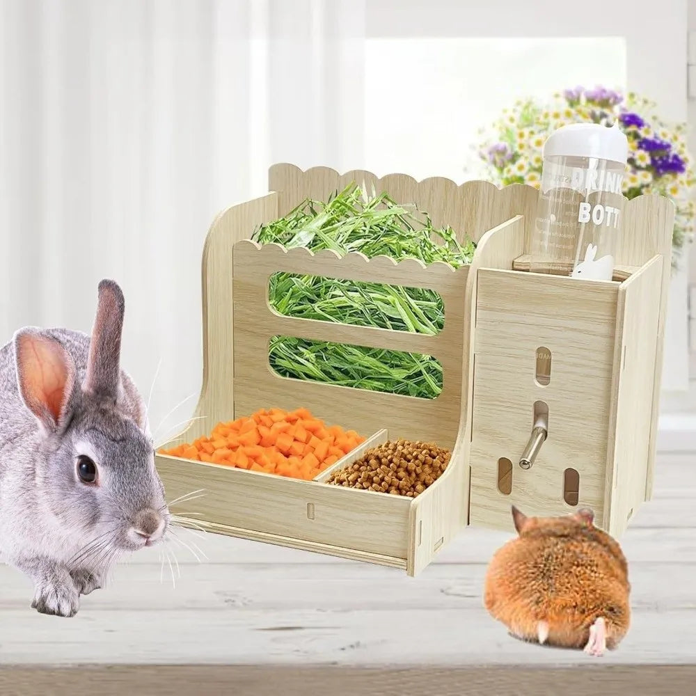 2 in 1 Rabbit Hay Feeder Bite Resistant Detachable Rabbit Food Manger with Bottle Wooden Grass Dispenser Cage Accessories