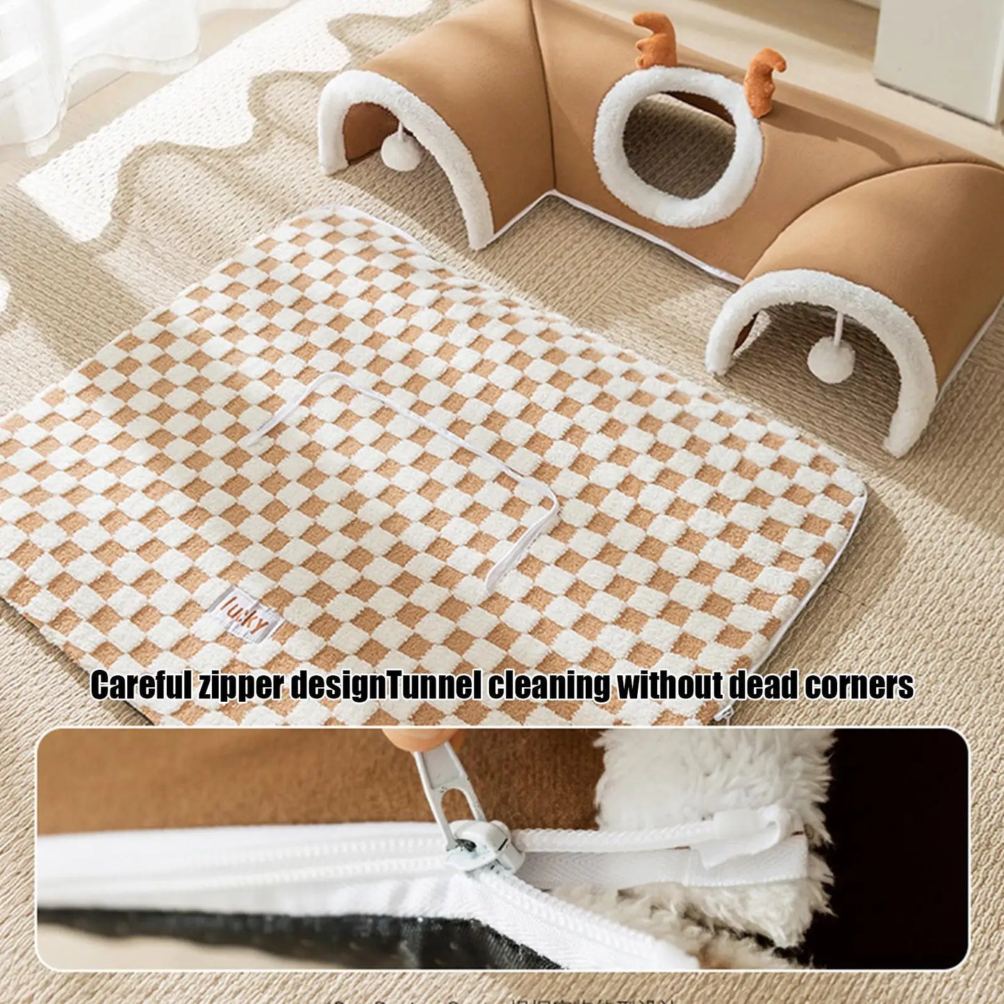 Cat Bed and Play Tunnel Warm House Tent with Plush Mat Indoor Hideaway Corner Shelter Foldable Pet Furniture for Kittens Cats
