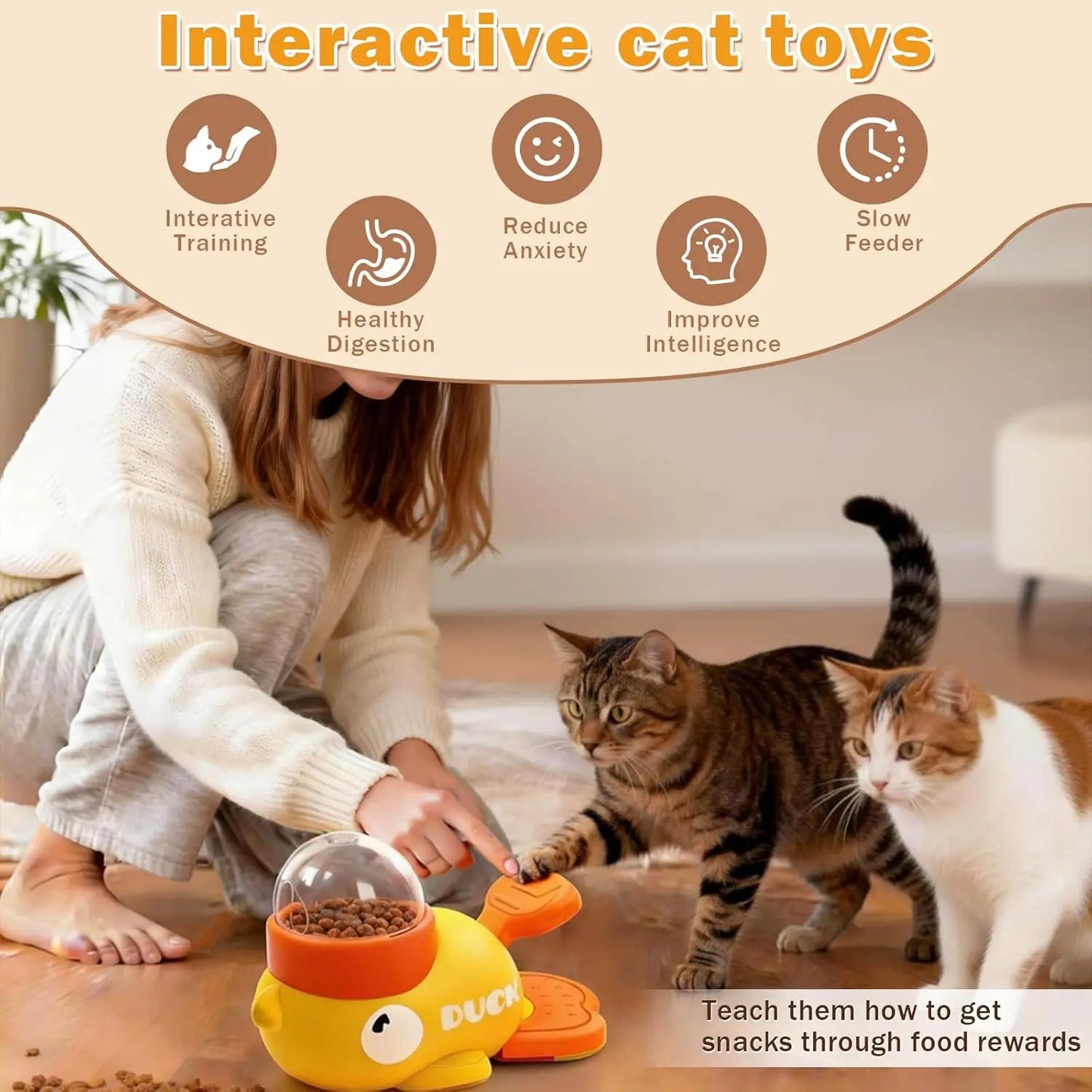 Pet interactive food distribution slow feeder, durable and cute duck shaped, intellectual training, reduces bloating (yellow)