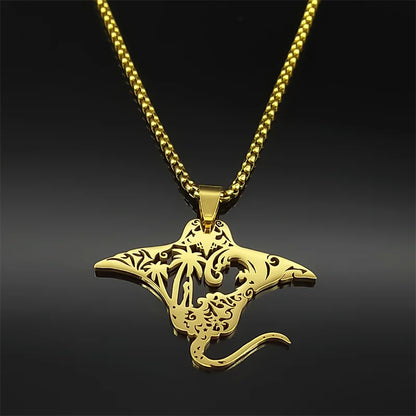 Manta Ray Sea Devil Fish Pendant Necklace | Stainless Steel Gold Silver Color Chain Jewelry