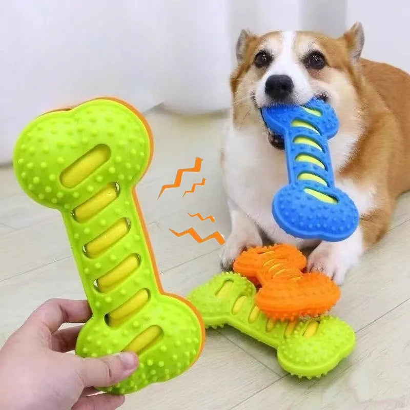 Dog Chew Toys for Aggressive Chewers, Squeaky Rubber Bone Toy, Interactive Pet Teeth Cleaning Toy for Small Medium Large Dogs
